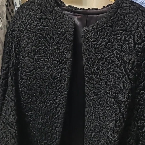 Vintage Mink Fur Trimmed with Mink Cuffs Black Curly Lamb coat Small. - Picture 1 of 8